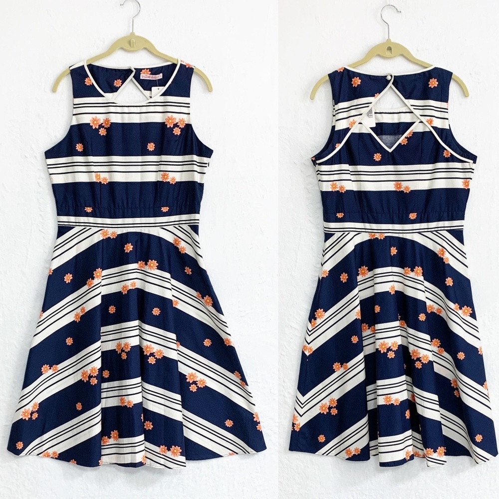 Trollied Dolly Back Flash Navy Stripe Retro Style Fit & Flare Dress Sz L